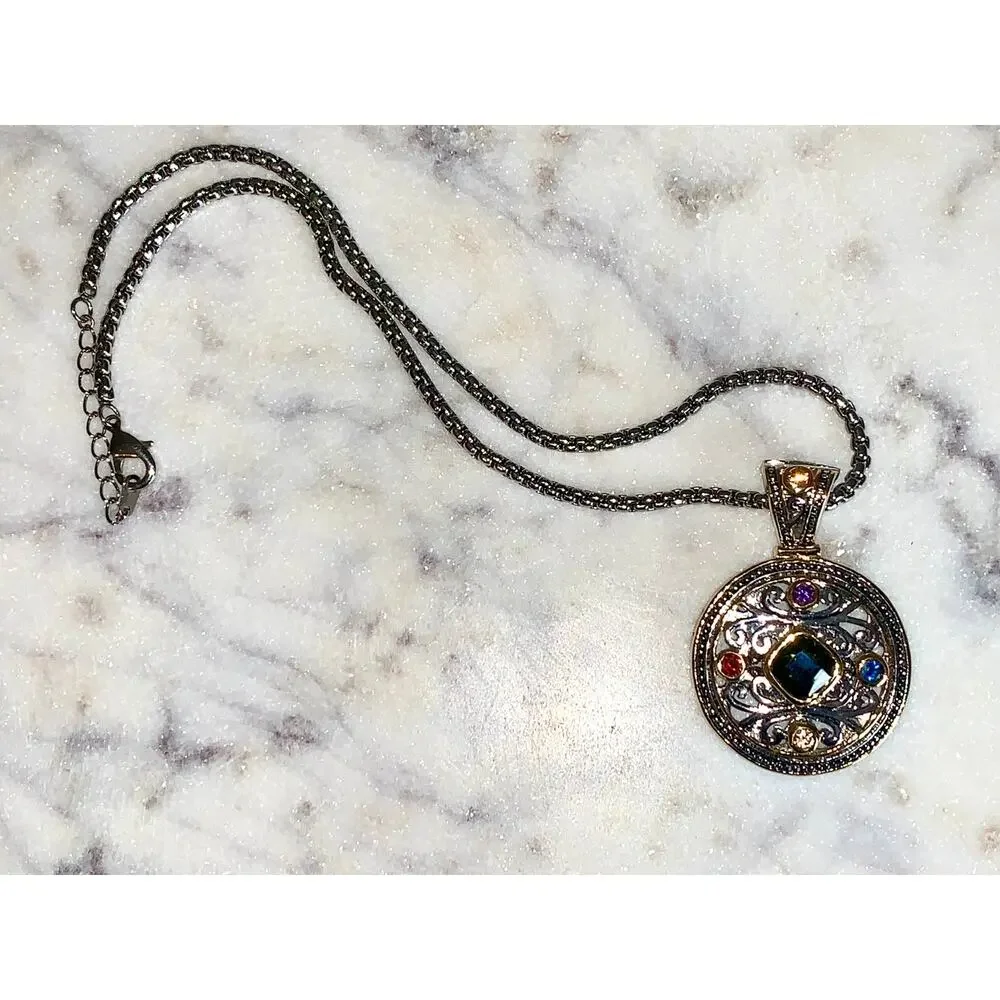 Silver Tone Round Crystal Gemstone Locket Style Scroll Pendant Necklace